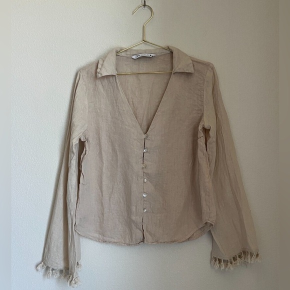 Zara Linen Fringe Bell Sleeve Button Down in Beige - Picture 2 of 6